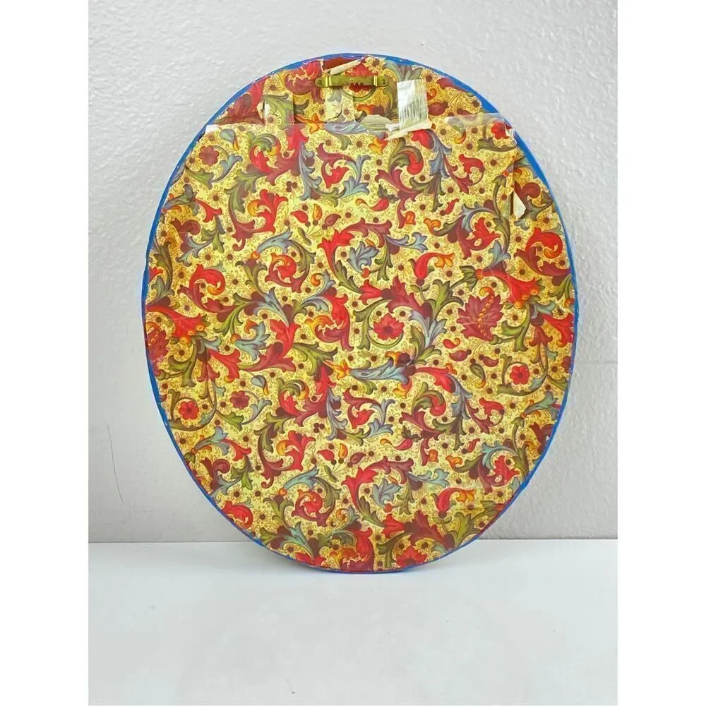 Antique Vintage Handpainted Floral Oval Wall Mirror Deep Wood Frame 12x14x1.25in